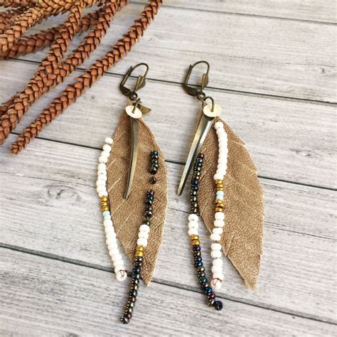 Gold Leather Feather Earrings Seed Beads Fringe Earrings Boho Leaf