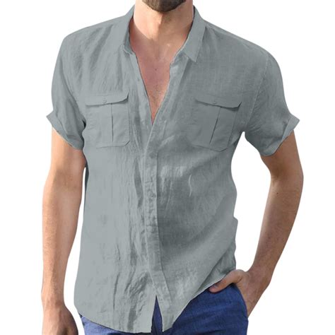 Mens Shirts Casual Solid Double Pocket Short Sleeve Turn Down Collar