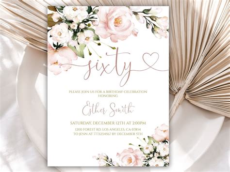 Editable 60th Birthday Invitation Blush Pink Floral Birthday