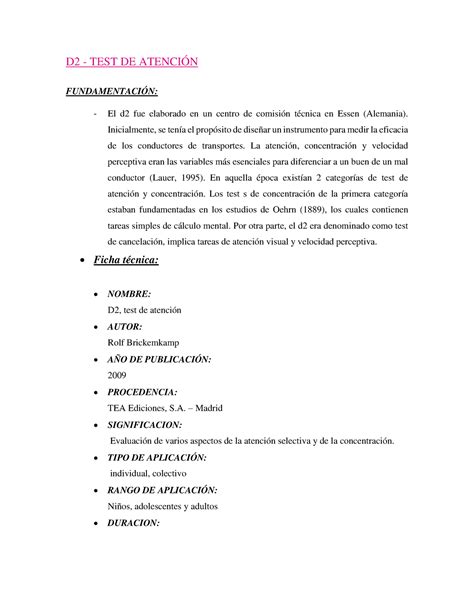 Tests 10 Neuropsico Test NeuropsicÓlogicos D2 Test De AtenciÓn FundamentaciÓn El D2 Fue
