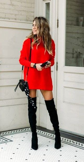 Red Sweater Dress Thigh High Boots Perfect Spring Outfit Fashion