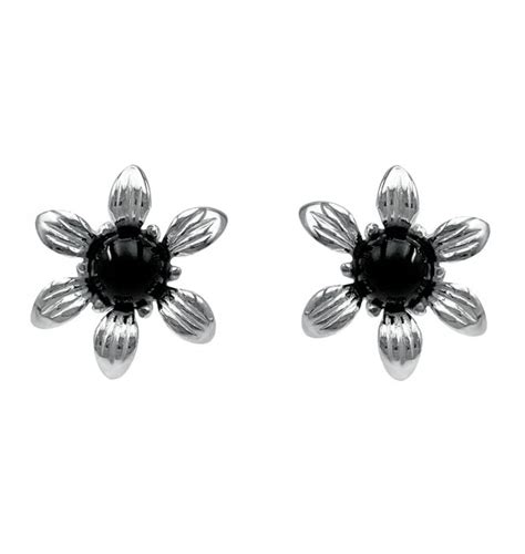 Fossils-UK.com | Sterling Silver Whitby Jet Flower Stud Earrings