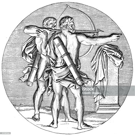 Antique Illustration Of Chiron Teaching Heracles How To Shoot Arrows Stock Illustration ...