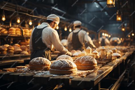 Workers sorting bread on bakery factory copy space | Premium AI ...