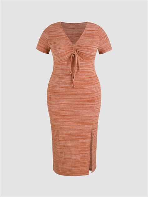 Jersey Striped V Neck Split Maxi Dress Curve And Plus For Daily Casual