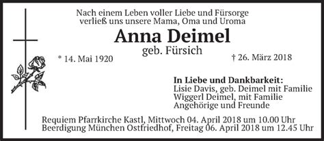 Traueranzeigen Von Anna Deimel Trauer Merkur De