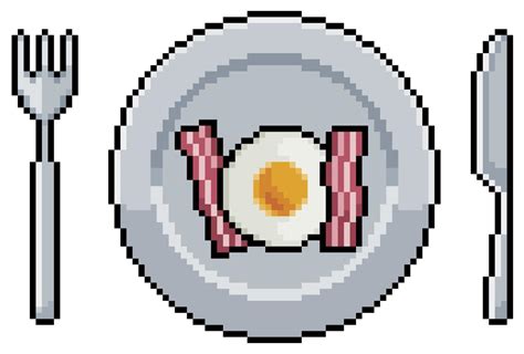 Pixel Art Plate With Fried Eggs And Bacon Vector Icon For Bit Game On