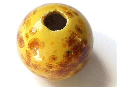 46mm Yellow Orange And Brown Spotted Round Ceramic Bead Vintage Macrame