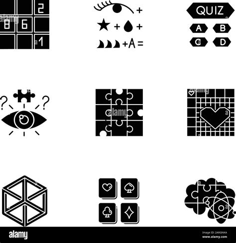 Puzzles and riddles glyph icons set. Sudoku. Trivia quiz. Nonogram ...