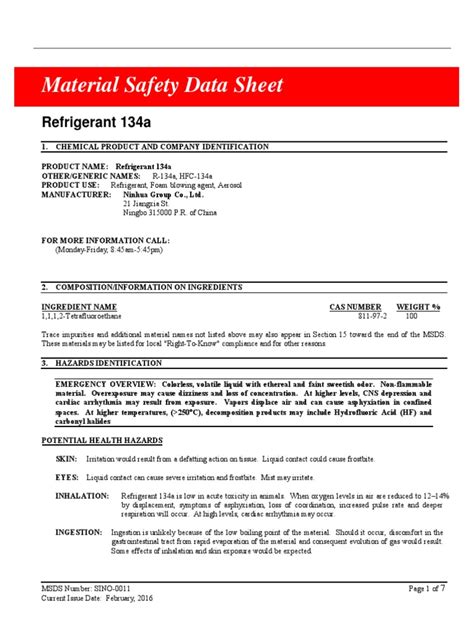 R134a Msds Pdf