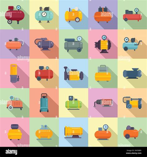 Compressor Icons Set Flat Vector Air Car Auto Tank Stock Vector Image