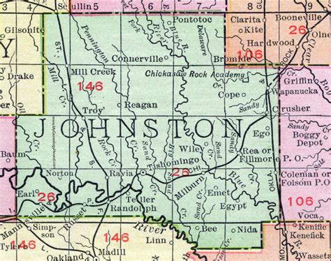 Johnston County, Oklahoma 1911 Map, Rand McNally, Tishomingo, Wapanucka, Ravia