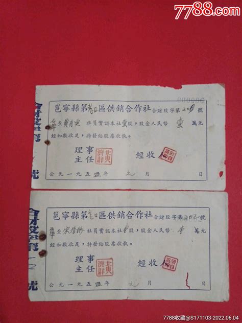 邕宁县第（老口）区供销合作社股票2枚（1954年改1955年）股票集资券广东集藏大观园【7788收藏收藏热线】