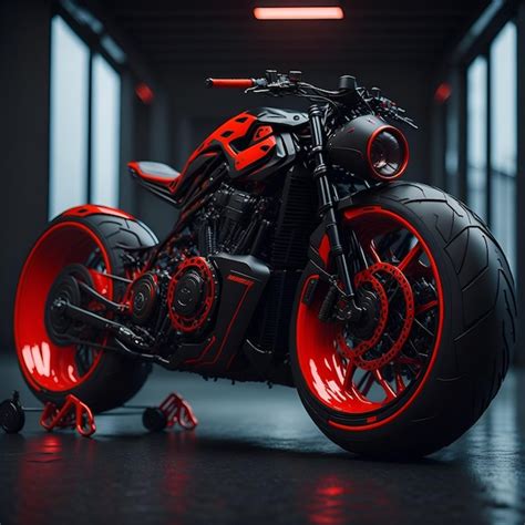 A Red And Black Motorcycle Is In A Dark Room With Lights On Premium