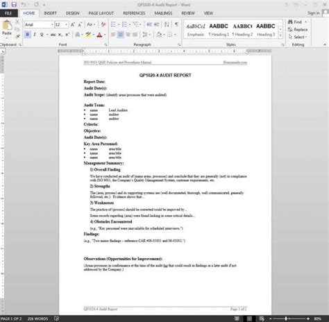 Internal Audit Report Template Iso 9001