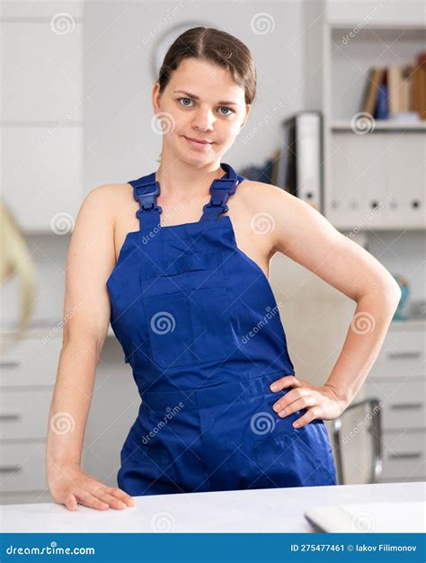 Cleaning Lady Takes Off Her Overalls And Poses In Modern Office Stock Image Image Of Activity