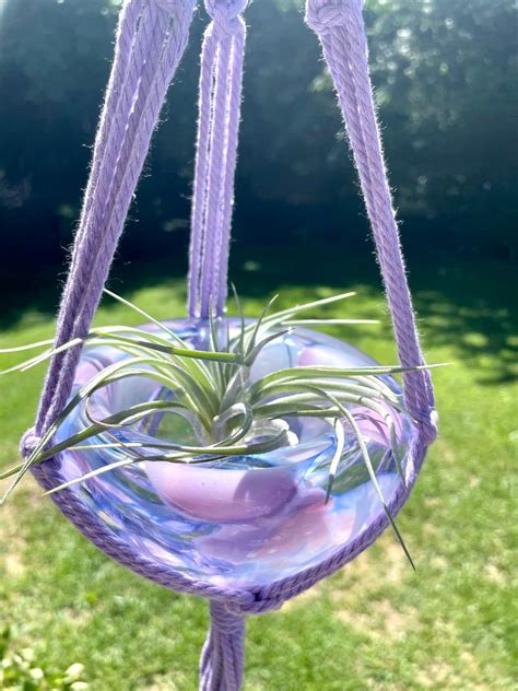 Macrame Blown Glass Plant Hanger Double Lavender Gumball Glassworks