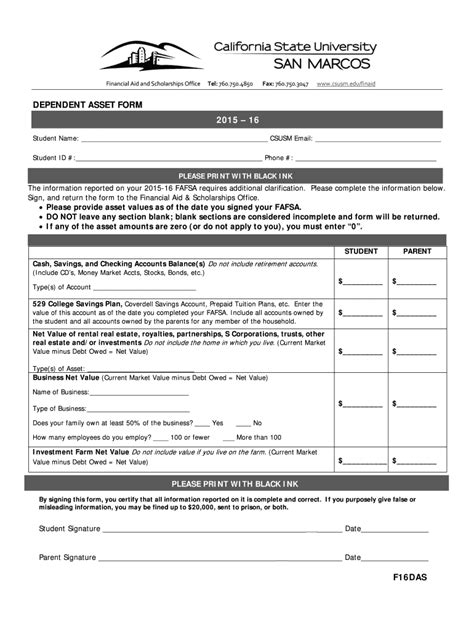 Fillable Online Csusm Dependent Asset Form Csusm Fax Email