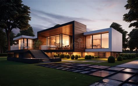 Modern House Front View at Dusk with Modern Garage Stock Image - Image ...