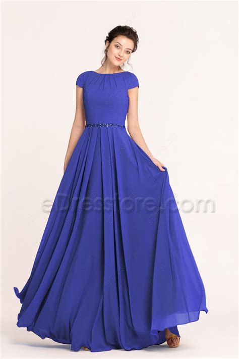 Modest Lds Sapphire Blue Bridesmaid Dresses Cap Sleeves Edresstore