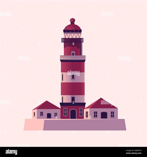 Lighthouse Sea Beacon House Vector Illustration In Flat Cartoon Style