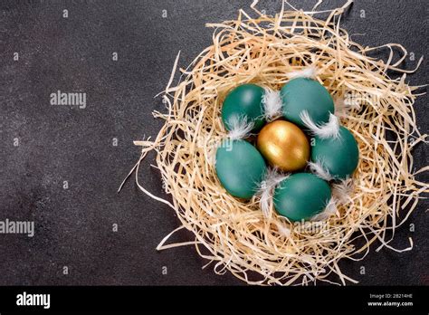 Easter Golden Eggs In The Nest Preparation For The Holiday Golden