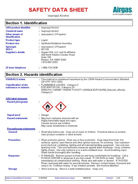 Msds Isopropyl Alcohol Pdf Toxicity Occupational Safety And Health