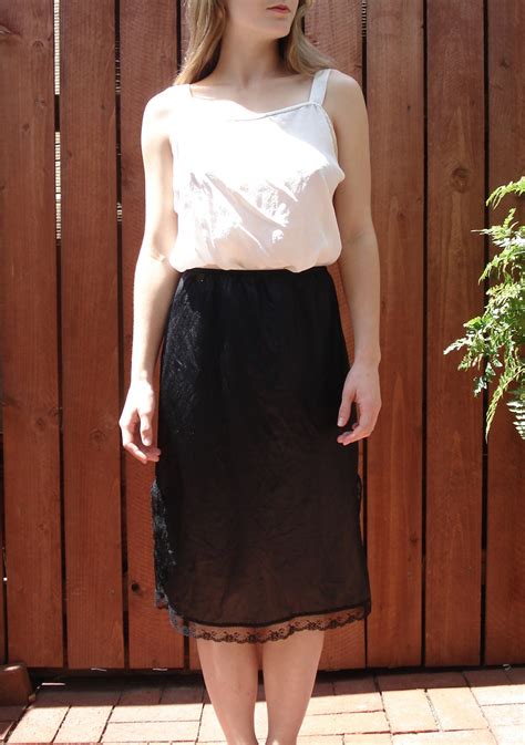 Vintage Black Satin Half Slip Skirt W LACE Hemline Slit Etsy