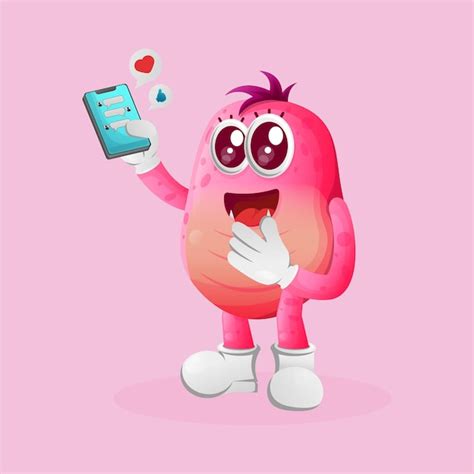 Monstruo rosado lindo que sostiene el teléfono móvil con mensajes de