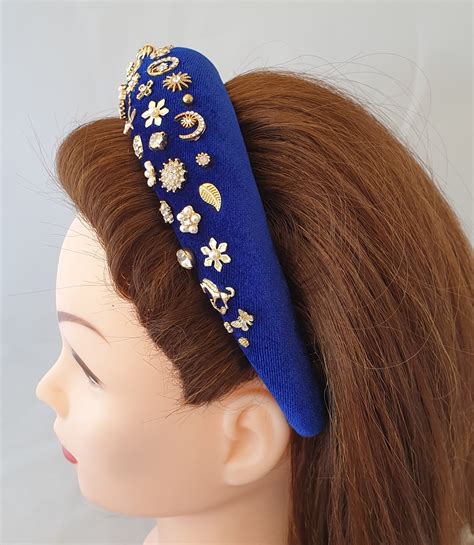 Royal Blue Deeply Padded Puffy Velvet Headband Random Gold Etsy