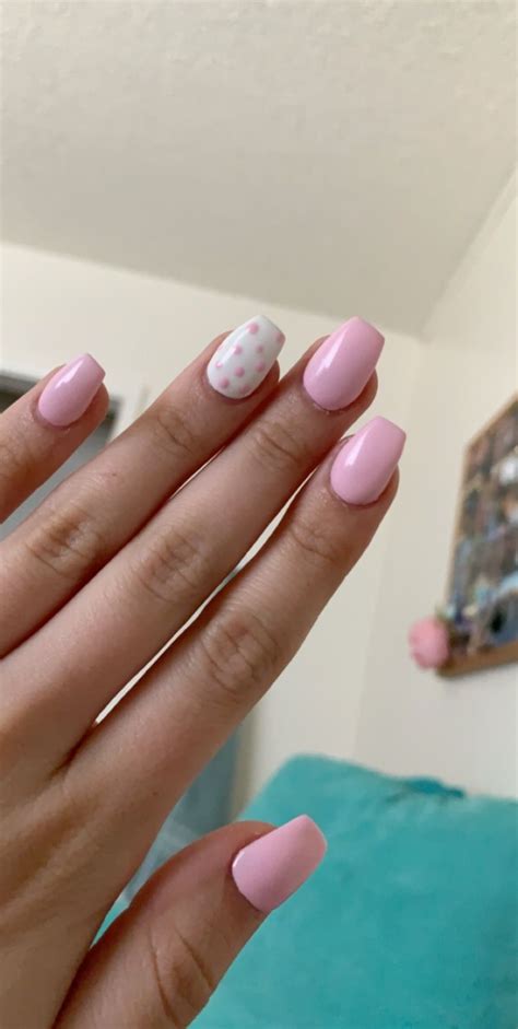 Pink And White Polka Dot Coffin Acrylics Cute Gel Nails Chic Nails