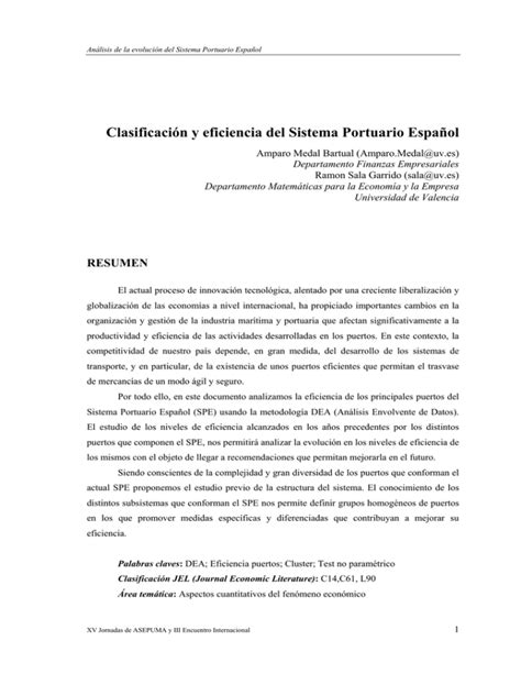 Clasificaci N Y Eficiencia Del Sistema Portuario Espa Ol