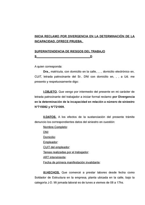 Modelo DE Escrito DE Divergencia INICIA RECLAMO POR DIVERGENCIA EN LA