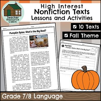 High Interest Nonfiction Reading Passages For Fall Grade 7 8 Language