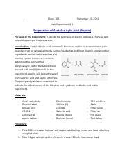 Aspirin Lab Report 3 Pdf I Chem 1021 November 16 2021 Lab Experiment