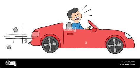 Cartoon man driving luxury convertible car, vector illustration. Colored and black outlines ...