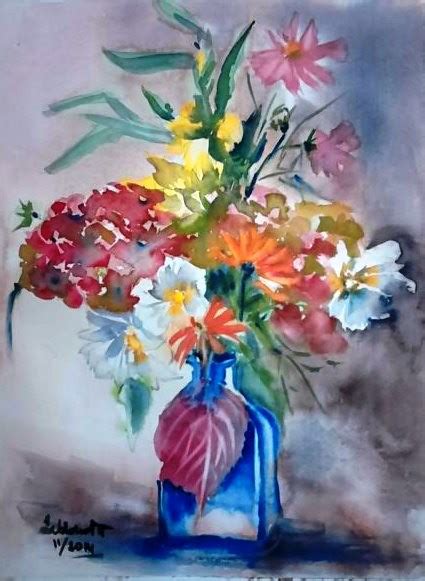 Aquarelle Bouquet D Hiver Au Vase Bleue Sur Arches X Thailine