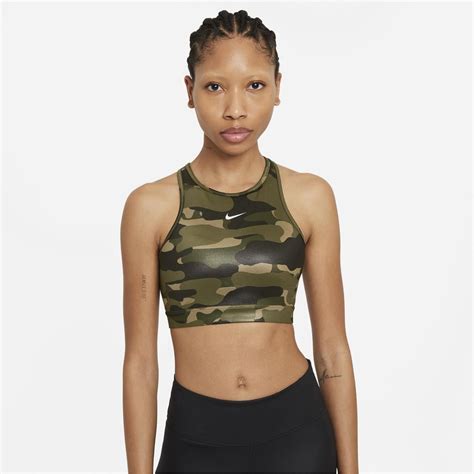 Nike Dri Fit Swoosh Womens Support 1 Piece Pad High Neck Sports Bra Camo Cáqui