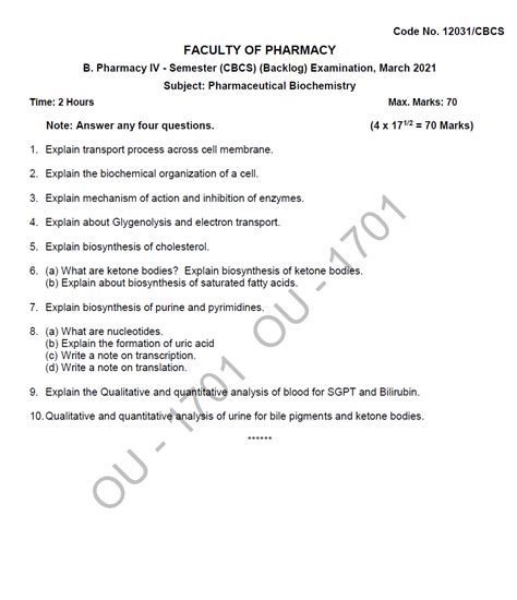 Osmania University B Pharmacy IV Semester CBCS Backlog Subject