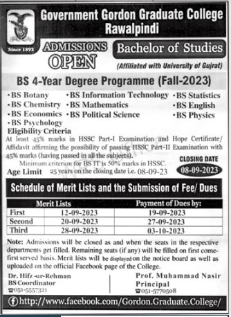 Government Gordon College Rawalpindi Admission 2023 In BS Form Merit