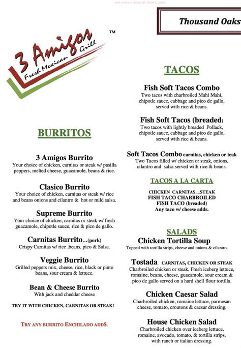 Online Menu Of 3 Amigos Restaurant Restaurant Thousand Oaks