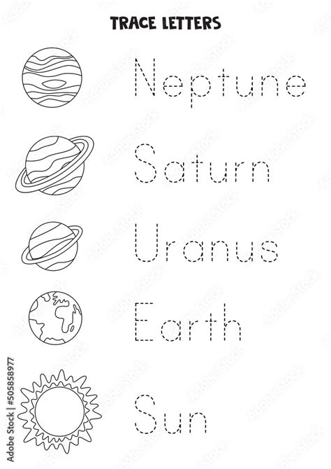 Tracing Words Of Solar System Planets Black And White Worksheet Stock Vector Adobe Stock