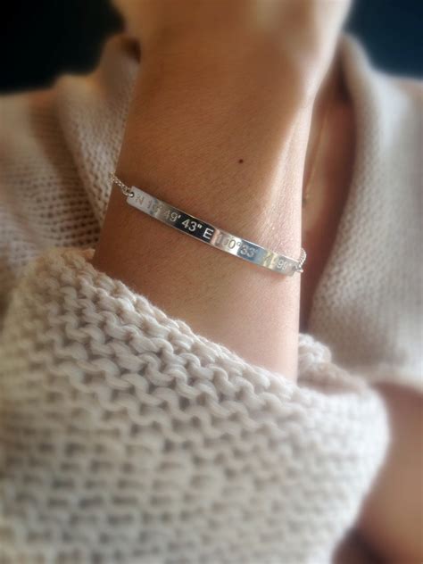 Coordinates Bracelet Sterling Silver Latitude Longitude Bar Bracelet ...