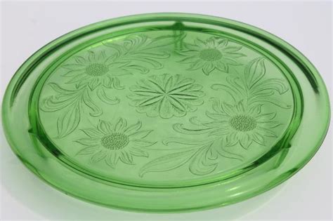 Vintage Green Depression Glass Cake Plate Jeannette Sunflower Low