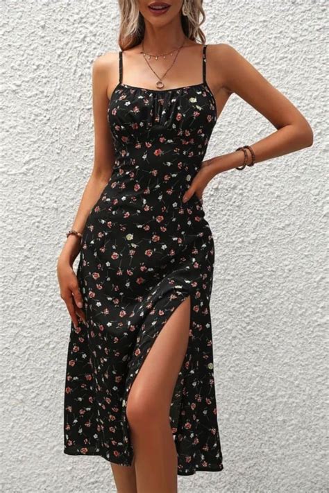 Floral Print Spaghetti Dress Elegant Split Backless Cami Dress Women