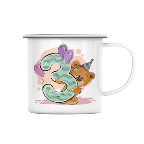 Mug en Métal Emaillé 3 ans Anniversaire Illustration Ourson Dessin