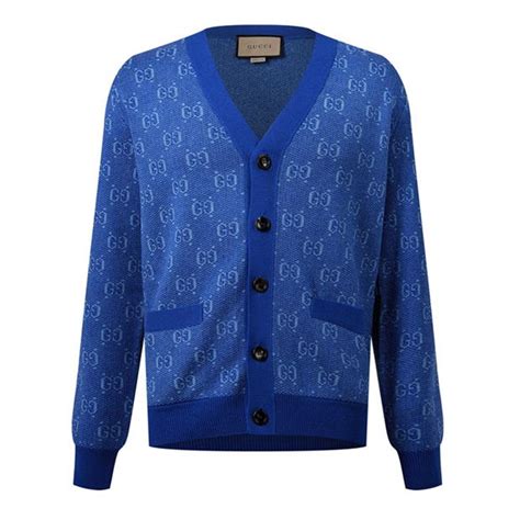 Gucci Gg Wool Jacquard Cardigan Men Blue Mult Flannels