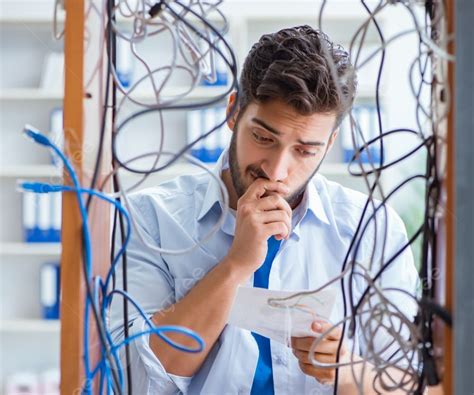 The Electrician Trying To Untangle Wires In Repair Concept Electrician