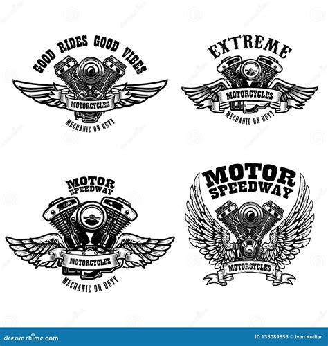 Set Of Biker Emblem Templates With Winged Motorcycle Engines Design