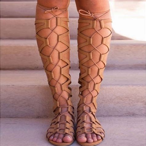 Knee High Boots For Women Lace Up Hollow Flat Sandals Vintage Zip Roman